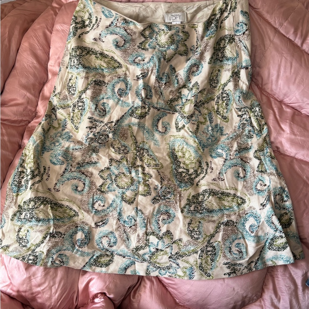 LOFTSilk and cotton A-Line Skirt with Floral Design in Cream and Green